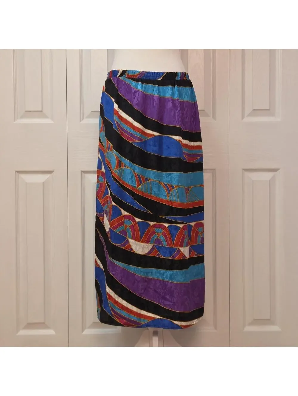 Vintage 70s Abstract Geometric Print Midi Skirt Size 10 (S) Retro Mod Boho Beach
